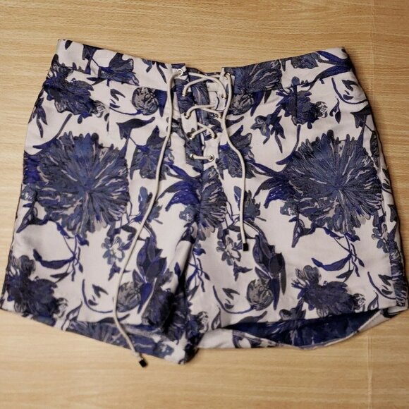 FRNCH Pants - FRNCH women's blue floral brocade lace up shorts small